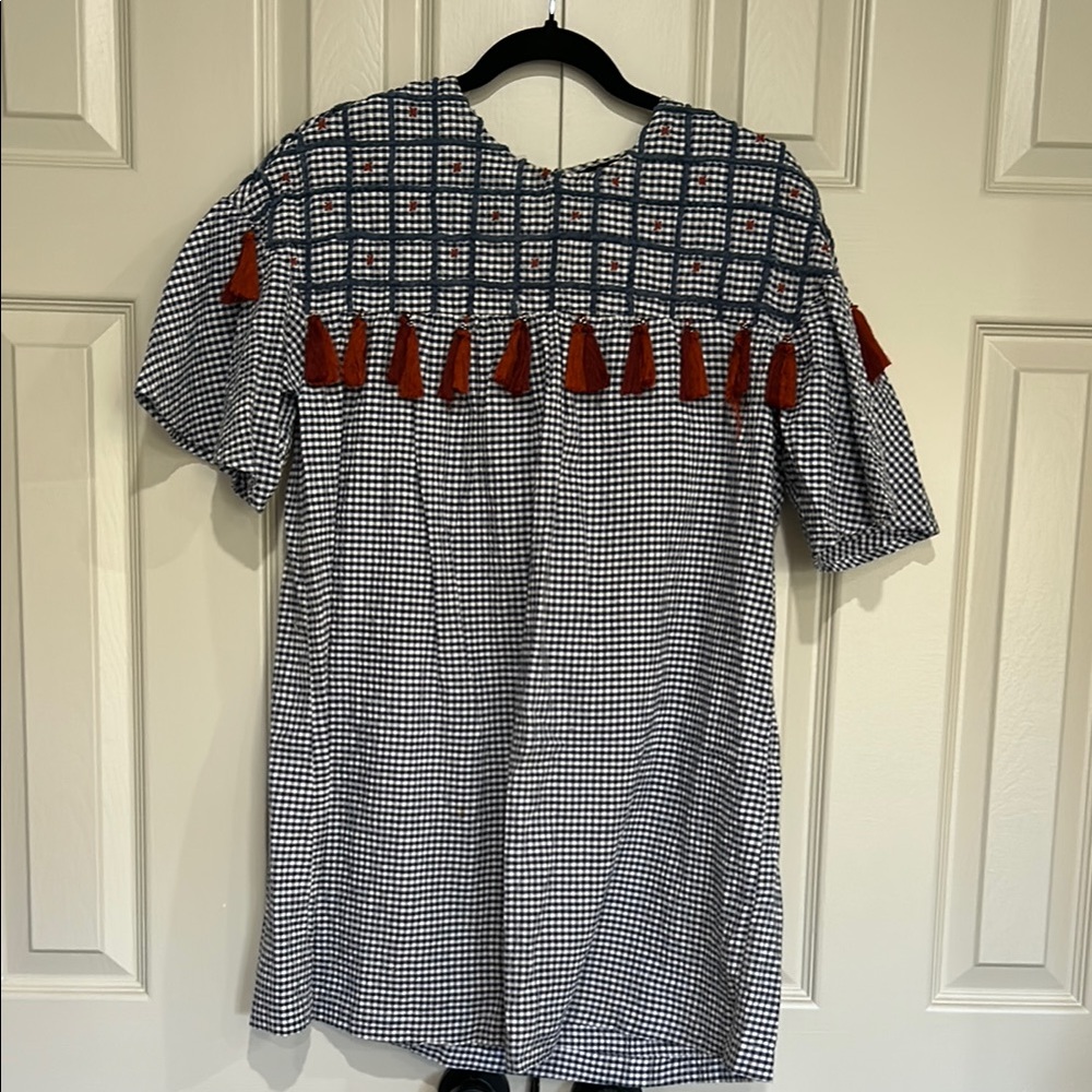 Zara Blue and White Gingham Dress with Red Details